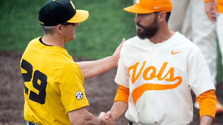 Tennessee's head coach Tony Vitello shakes hands Mizzou head coach Steve Bieser after Tennessee's 10-8 loss to Missouri at Lindsey Nelson Stadium on Sunday, May 5, 2019. 

Kns Vols Baseball Missouri