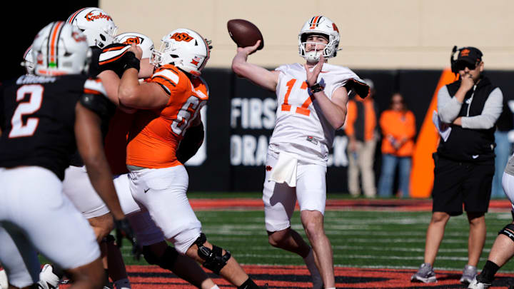 Oklahoma State's Drew Mestemaker throws a touchdown pass during a spring football for the Oklahoma State University Cowboys at Boone Pickens Stadium in Stillwater, Okla., Saturday, April 18, 2026.