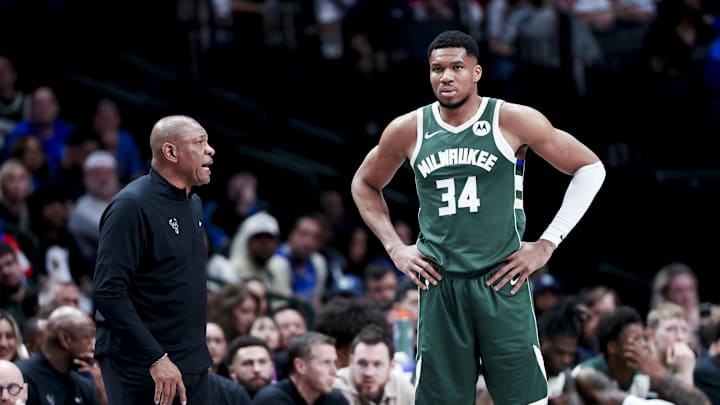 Mar 1, 2025; Dallas, Texas, USA;  Milwaukee Bucks head coach Doc Rivers speaks to Milwaukee Bucks forward Giannis Antetokounmpo (34) during the second half against the Dallas Mavericks at American Airlines Center. Mandatory Credit: Kevin Jairaj-Imagn Images