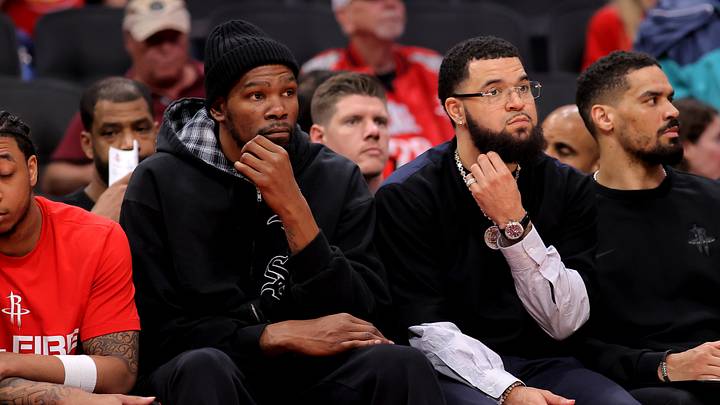 May 1, 2026; Houston, Texas, USA; Houston Rockets forward Kevin Durant (7) and Houston Rockets guard Fred VanVleet (5) sit on the bench against the Los Angeles Lakers during the fourth quarter of game six of the first round of the 2026 NBA Playoffs at Toyota Center. Mandatory Credit: Erik Williams-Imagn Images May 1, 2026; Houston, Texas, USA; Houston Rockets forward Kevin Durant (7) and Houston Rockets guard Fred VanVleet (5) sit on the bench against the Los Angeles Lakers during the fourth quarter of game six of the first round of the 2026 NBA Playoffs at Toyota Center. Mandatory Credit: Erik Williams-Imagn Images