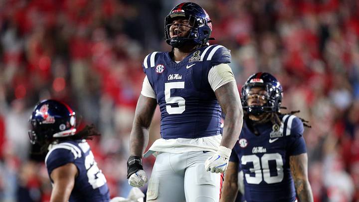 Mississippi Rebels defensive lineman Kam Franklin reacts. Credit: Petre Thomas-Imagn Images Mississippi Rebels defensive lineman Kam Franklin reacts. Credit: Petre Thomas-Imagn Images