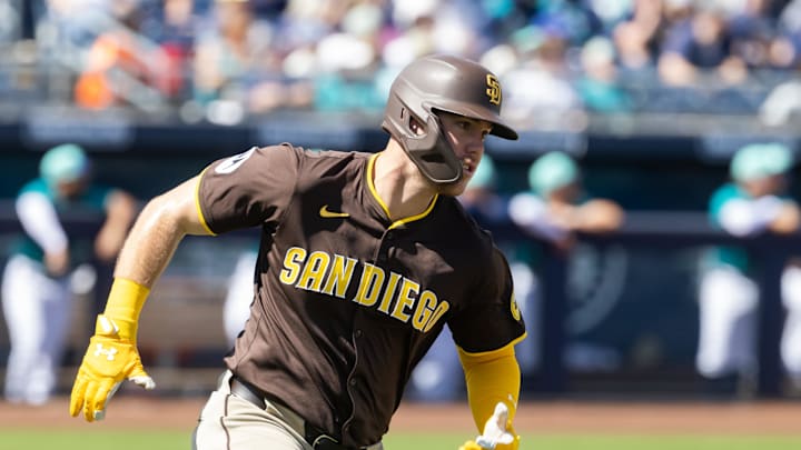 Mar 15, 2025; Peoria, Arizona, USA; San Diego Padres designated hitter Gavin Sheets against the Seattle Mariners during a spring training game at Peoria Sports Complex. Mandatory Credit: Mark J. Rebilas-Imagn Images