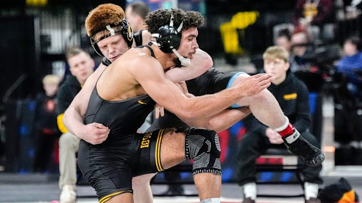 Iowa’s Stephen Buchanan wrestles Missouri’s Aeoden Sinclair in the 197-pound championship match during the Soldier Salute wrestling tournament finals Monday, Dec. 30, 2024 at Xtream Arena in Coralville, Iowa.