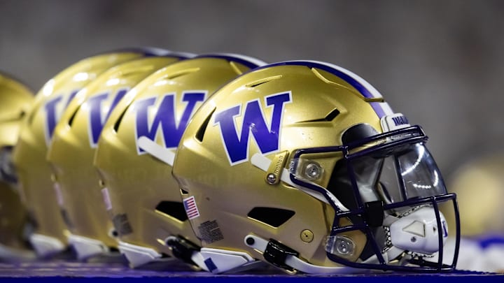 Jan 8, 2024; Houston, TX, USA; Detailed view of Washington Huskies helmet during the 2024 College Football Playoff national championship game at NRG Stadium. Mandatory Credit: Mark J. Rebilas-Imagn Images