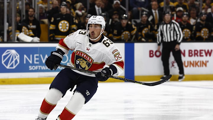 Oct 21, 2025; Boston, Massachusetts, USA; Florida Panthers left wing Brad Marchand (63) skates against the Boston Bruins during the first period at TD Garden. Mandatory Credit: Winslow Townson-Imagn Images