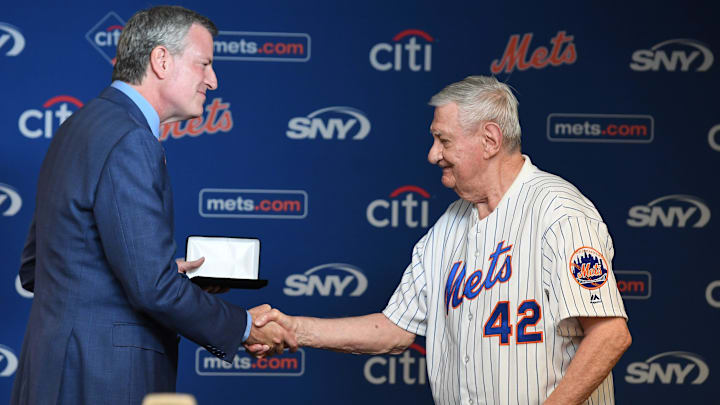 New York City Mayor Bill de Blasio presents Ron Taylor of the 1969 Mets championship team with a key to the city as part of the Mets' 1969 50th Anniversary Celebration before the start of a game against the Braves at Citi Field on Saturday, June 29, 2019. 

Mets 1969 50th Anniversary Ceremony