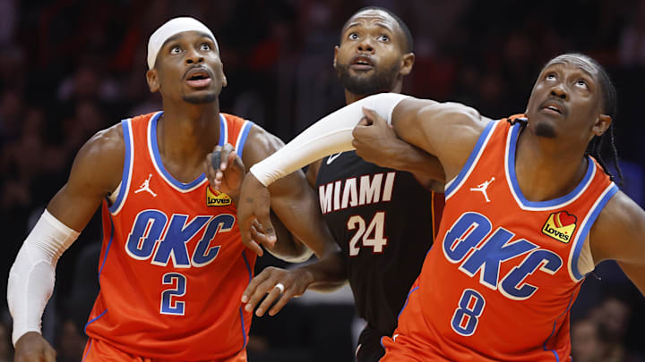 Dec 20, 2024; Miami, Florida, USA; Oklahoma City Thunder guard Shai Gilgeous-Alexander (2), Oklahoma City forward Jalen Williams (8) and Miami Heat forward Haywood Highsmith (24) wait for a rebound during the second half at Kaseya Center. Mandatory Credit: Rhona Wise-Imagn Images Dec 20, 2024; Miami, Florida, USA; Oklahoma City Thunder guard Shai Gilgeous-Alexander (2), Oklahoma City forward Jalen Williams (8) and Miami Heat forward Haywood Highsmith (24) wait for a rebound during the second half at Kaseya Center. Mandatory Credit: Rhona Wise-Imagn Images