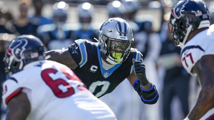 Oct 29, 2023; Charlotte, North Carolina, USA; Carolina Panthers linebacker Brian Burns (0) runs from