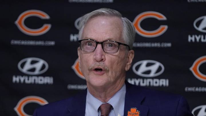 Jan 31, 2022; Lake Forest, IL, USA; Chicago Bears Chairman George McCaskey speaks at a Press Conference to introduce new Chicago Bears-Head Coach Matt Eberflus and General Manager Ryan Poles  Mandatory Credit: David Banks-Imagn Images