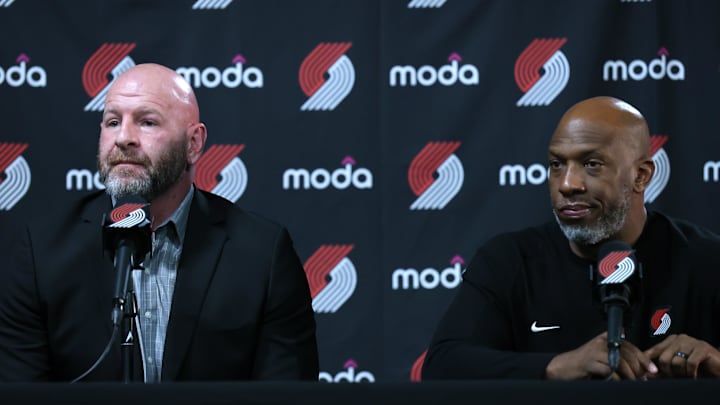 Apr 13, 2025; Portland, Oregon, USA;  Portland Trail Blazers general manager Joe Cronin (left) and Trail Blazers’ head coach Chauncey Billups field questions from the working press before Portland plays their last season game against Los Angeles Lakers at Moda Center. Mandatory Credit: Jaime Valdez-Imagn Images