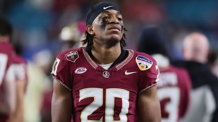 Florida State Seminoles defensive back Azareye'h Thomas (20) reacts after the 2023 Orange Bowl at Hard Rock Stadium. Florida State Seminoles defensive back Azareye'h Thomas (20) reacts after the 2023 Orange Bowl at Hard Rock Stadium.