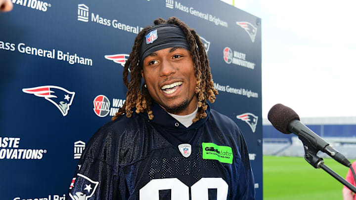 Jun 12, 2024; Foxborough, MA, USA;  New England Patriots cornerback Alex Austin (28) speaks to the media during press availability at minicamp at Gillette Stadium.  Mandatory Credit: Eric Canha-Imagn Images