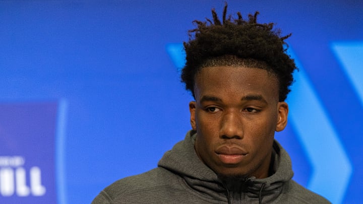 Feb 28, 2024; Indianapolis, IN, USA; Texas A&M linebacker Edgerrin Cooper (LB08) talks to the