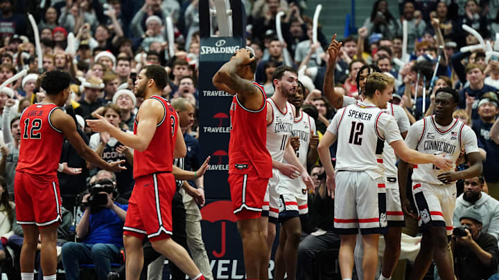 Dec 23, 2023; Hartford, Connecticut, USA; St. John's Red Storm center Joel Soriano (11) reacts after