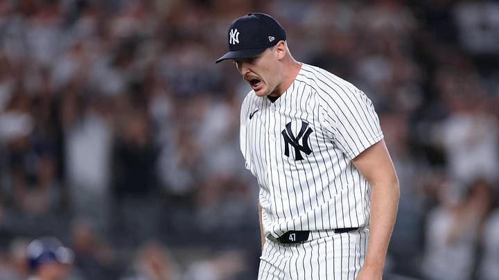 Apr 17, 2026; Bronx, New York, USA; New York Yankees pitcher Brent Headrick (47) reacts after the third out of the top of the seventh inning against the Kansas City Royals at Yankee Stadium. Mandatory Credit: Vincent Carchietta-Imagn Images