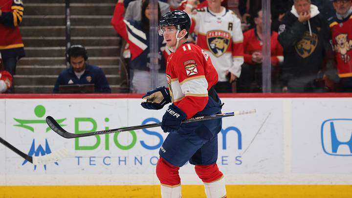 Apr 13, 2026; Sunrise, Florida, USA; Florida Panthers right wing MacKie Samoskevich (11) celebrates after scoring against the New York Rangers during the first period at Amerant Bank Arena. Mandatory Credit: Sam Navarro-Imagn Images