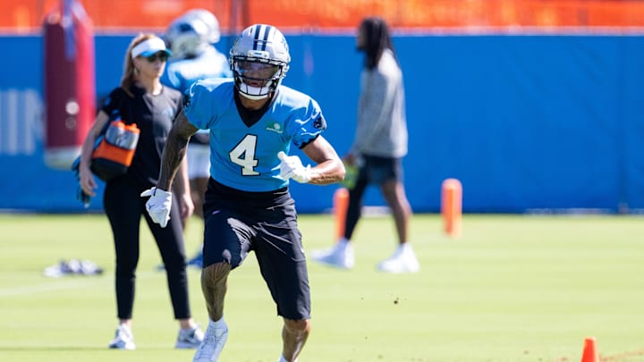 Jul 26, 2025; Charlotte, NC, USA; Carolina Panthers wide receiver Tetairoa McMillan (4) runs routes during training camp. Mandatory Credit: Scott Kinser-Imagn Images
