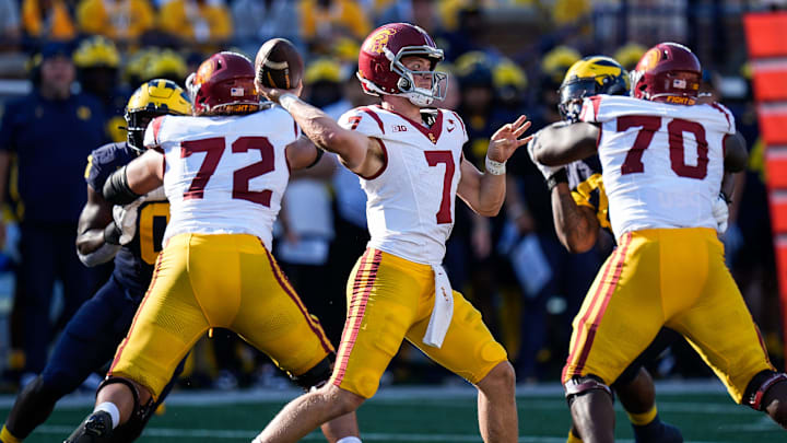 USC quarterback Miller Moss (7) makes a pass against Michigan during the first half at Michigan Stadium in Ann Arbor on Saturday, Sept. 21, 2024.