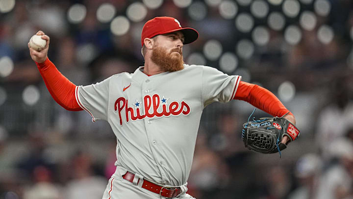 Sep 18, 2023; Cumberland, Georgia, USA; Philadelphia Phillies relief pitcher relief pitcher Dylan Covey (54) pitches against the Atlanta Braves during the ninth inning at Truist Park. Mandatory Credit: Dale Zanine-Imagn Images