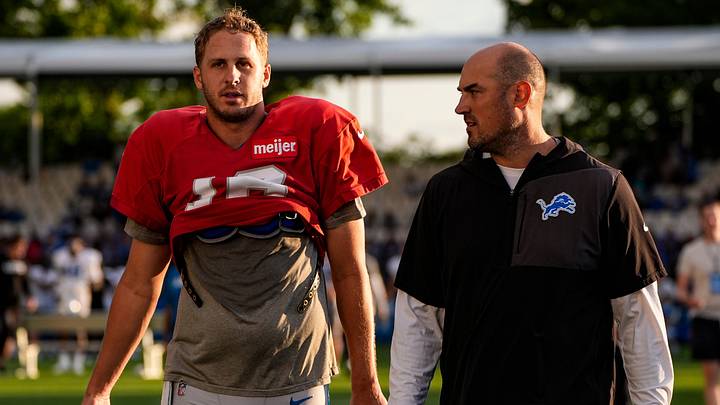 Detroit Lions quarterback Jared Goff (16) talk to pass game coordinator Mike Kafka after practice during training camp at Meijer Performance Center in Allen Park on Monday August 17, 2026. Detroit Lions quarterback Jared Goff (16) talk to pass game coordinator Mike Kafka after practice during training camp at Meijer Performance Center in Allen Park on Monday August 17, 2026.