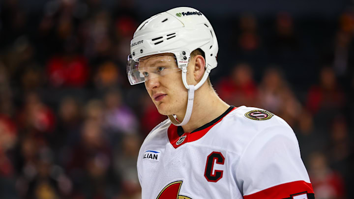 Mar 5, 2026; Calgary, Alberta, CAN; Ottawa Senators left wing Brady Tkachuk (7) skates against the Calgary Flames during the third period at Scotiabank Saddledome. Mandatory Credit: Sergei Belski-Imagn Images