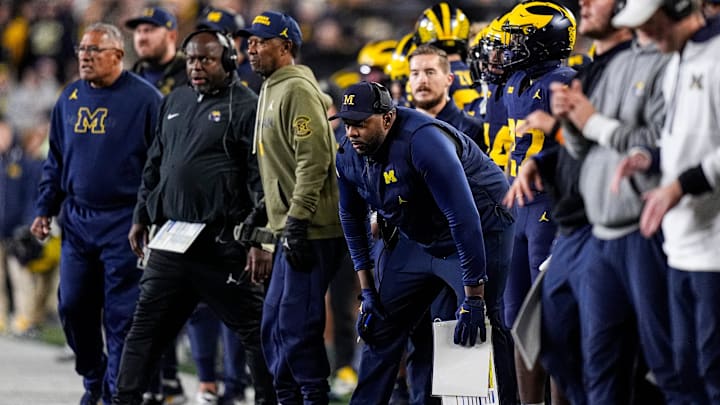 Michigan head coach Sherrone Moore watches a play against Purdue during the second half at Michigan Stadium in Ann Arbor on Saturday, November 1, 2025. Michigan head coach Sherrone Moore watches a play against Purdue during the second half at Michigan Stadium in Ann Arbor on Saturday, November 1, 2025.