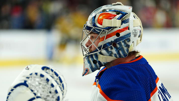 Mar 28, 2023; Las Vegas, Nevada, USA; Edmonton Oilers goaltender Jack Campbell (36) warms up before