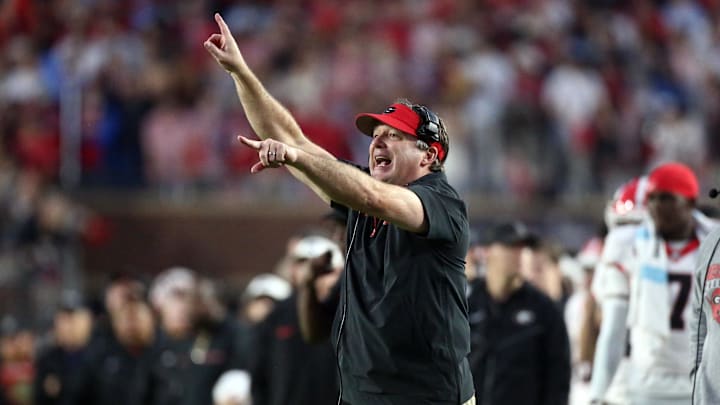 Nov 9, 2024; Oxford, Mississippi, USA; Georgia Bulldogs head coach Kirby Smart gives direction during the second half against the Mississippi Rebels at Vaught-Hemingway Stadium. Mandatory Credit: Petre Thomas-Imagn Images
