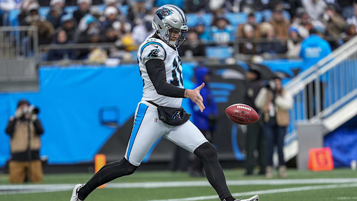 Dec 15, 2024; Charlotte, North Carolina, USA; Carolina Panthers punter Johnny Hekker (10) during the second half against the Dallas Cowboys at Bank of America Stadium. Mandatory Credit: Jim Dedmon-Imagn Images