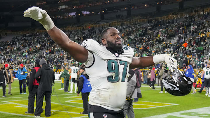 Nov 10, 2025; Green Bay, Wisconsin, USA;  Philadelphia Eagles defensive tackle Moro Ojomo (97) celebrates following the game against the Green Bay Packers at Lambeau Field. Mandatory Credit: Jeff Hanisch-Imagn Images