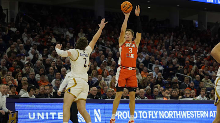 Dec 6, 2024; Evanston, Illinois, USA; Illinois Fighting Illini forward Ben Humrichous (3) shoots over Northwestern Wildcats forward Nick Martinelli (2) during the first half at Welsh-Ryan Arena. Mandatory Credit: David Banks-Imagn Images Dec 6, 2024; Evanston, Illinois, USA; Illinois Fighting Illini forward Ben Humrichous (3) shoots over Northwestern Wildcats forward Nick Martinelli (2) during the first half at Welsh-Ryan Arena. Mandatory Credit: David Banks-Imagn Images
