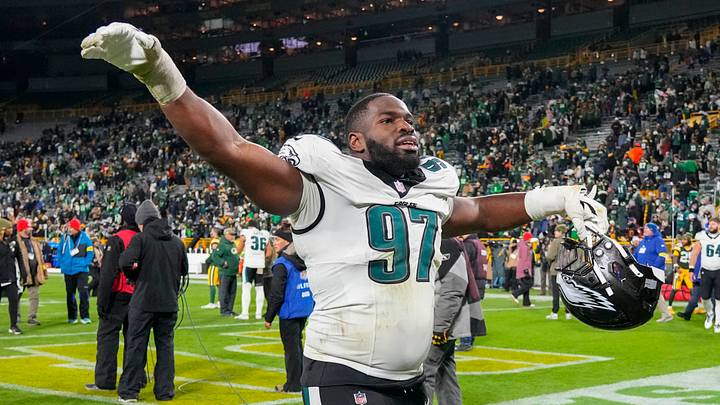Nov 10, 2025; Green Bay, Wisconsin, USA; Philadelphia Eagles defensive tackle Moro Ojomo (97) celebrates following the game against the Green Bay Packers at Lambeau Field. Nov 10, 2025; Green Bay, Wisconsin, USA; Philadelphia Eagles defensive tackle Moro Ojomo (97) celebrates following the game against the Green Bay Packers at Lambeau Field.