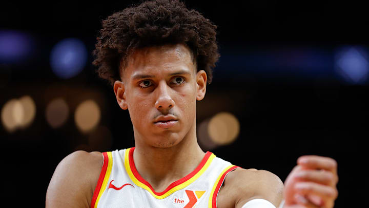 Hawks forward Jalen Johnson reacts during a game against the Dallas Mavericks. 