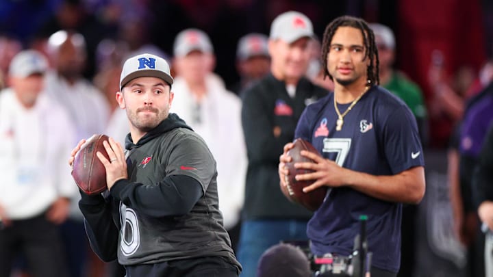Feb 1, 2024; Orlando, FL, USA;  Tampa Bay Buccaneers quarterback Baker Mayfield (6) participates in