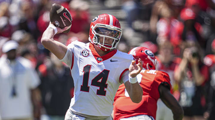 Apr 12, 2025; Athens, GA, USA; Georgia Bulldogs quarterback Gunner Stockton (14) passes during the Georgia Spring game at Sanford Stadium. Mandatory Credit: Dale Zanine-Imagn Images