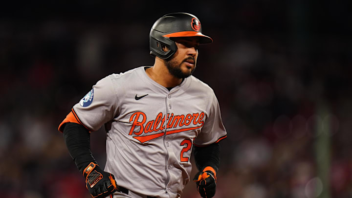 Sep 9, 2024; Boston, Massachusetts, USA; Baltimore Orioles right fielder Anthony Santander (25) hits a home run against the Boston Red Sox in the seventh inning at Fenway Park. Mandatory Credit: David Butler II-Imagn Images