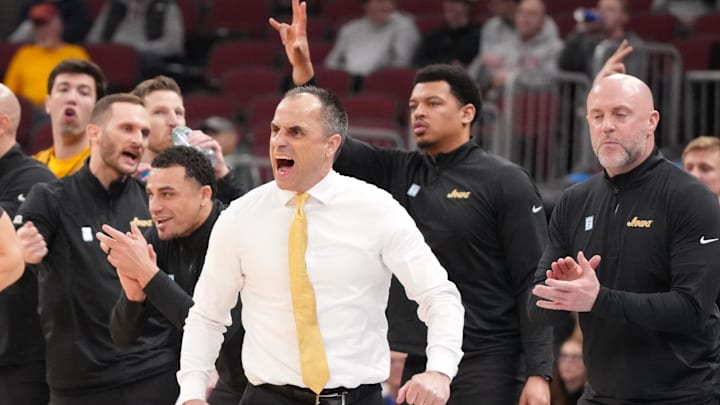 Mar 11, 2026; Chicago, IL, USA; Iowa Hawkeyes head coach Ben McCollum on the bench against the Maryland Terrapins during the second half at United Center. Mandatory Credit: David Banks-Imagn Images