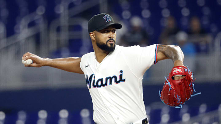 Apr 7, 2026; Miami, Florida, USA;  Miami Marlins starting pitcher Sandy Alcantara (22) pitches against the Cincinnati Reds in the first inning at loanDepot Park. Mandatory Credit: Rhona Wise-Imagn Images