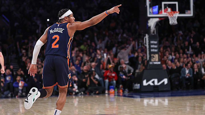 Feb 6, 2024; New York, New York, USA; New York Knicks guard Miles McBride (2) reacts after basket during the first half against the Memphis Grizzlies at Madison Square Garden. Mandatory Credit: Vincent Carchietta-Imagn Images