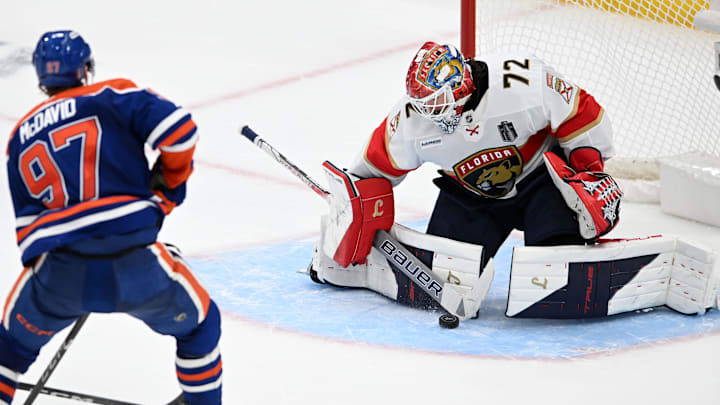 Jun 6, 2025; Edmonton, Alberta, CAN; Florida Panthers goaltender Sergei Bobrovsky (72) makes a save against Edmonton Oilers center Connor McDavid (97) during the second period in game two of the 2025 Stanley Cup Final at Rogers Place. 