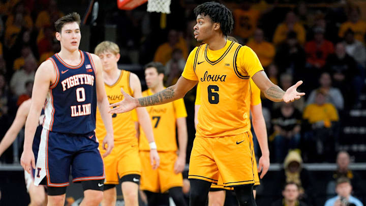 Iowa’s Tavion Banks (6) reacts after being called for a foul during a game against the Illinois Fighting Illini Jan. 11, 2026 at Carver-Hawkeye Arena in Iowa City, Iowa.