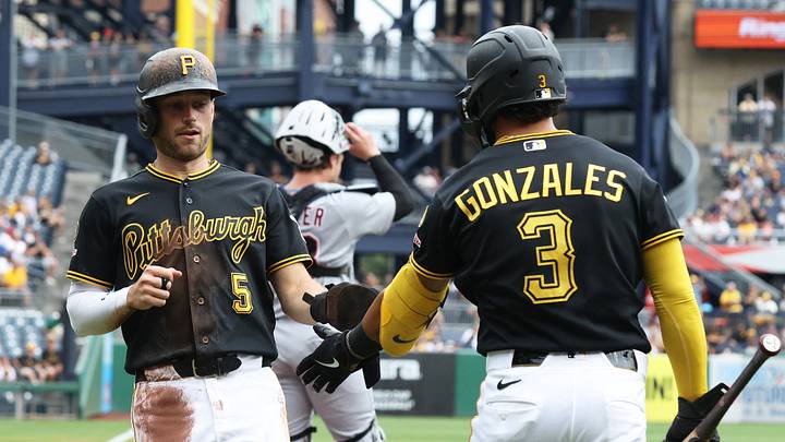 Aug 19, 2026; Pittsburgh, Pennsylvania, USA; Pittsburgh Pirates second baseman Nick Gonzales (3) greets designated hitter Brandon Lowe (5) crossing home plate to score a run against the Detroit Tigers during the first inning at PNC Park. Mandatory Credit: Charles LeClaire-Imagn Images Aug 19, 2026; Pittsburgh, Pennsylvania, USA; Pittsburgh Pirates second baseman Nick Gonzales (3) greets designated hitter Brandon Lowe (5) crossing home plate to score a run against the Detroit Tigers during the first inning at PNC Park. Mandatory Credit: Charles LeClaire-Imagn Images