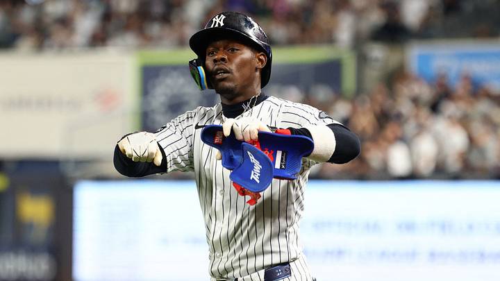 Sep 30, 2026; Bronx, New York, USA; New York Yankees second baseman Jazz Chisholm Jr. (13) reacts after hitting a single in the second inning against the Boston Red Sox during game two of the Wildcard round for the 2026 MLB Playoffs at Yankee Stadium. Mandatory Credit: Vincent Carchietta-Imagn Images Sep 30, 2026; Bronx, New York, USA; New York Yankees second baseman Jazz Chisholm Jr. (13) reacts after hitting a single in the second inning against the Boston Red Sox during game two of the Wildcard round for the 2026 MLB Playoffs at Yankee Stadium. Mandatory Credit: Vincent Carchietta-Imagn Images