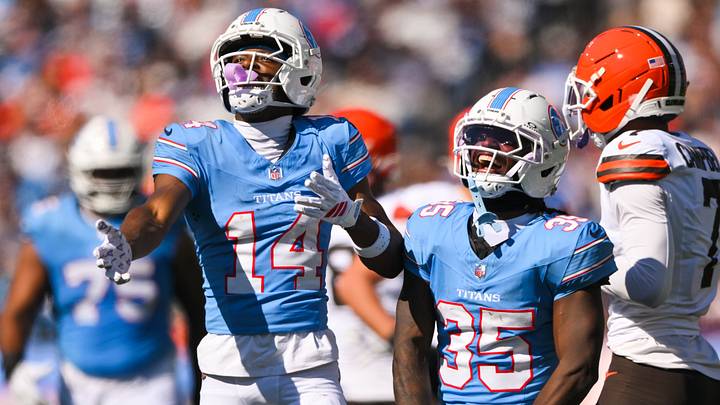 Oct 25, 2026; Nashville, Tennessee, USA; Tennessee Titans wider receiver Carnell Tate (14) celebrates his catch and the first down with Tennessee Titans running back Michael Carter (35) against the Cleveland Browns during the first half at Nissan Stadium. Mandatory Credit: Steve Roberts-Imagn Images Oct 25, 2026; Nashville, Tennessee, USA; Tennessee Titans wider receiver Carnell Tate (14) celebrates his catch and the first down with Tennessee Titans running back Michael Carter (35) against the Cleveland Browns during the first half at Nissan Stadium. Mandatory Credit: Steve Roberts-Imagn Images
