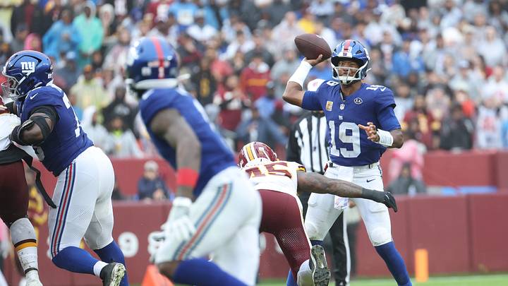 Oct 11, 2026; Landover, Maryland, USA; New York Giants quarterback Jameis Winston (19) looks to pass during the third quarter against the Washington Commanders at Northwest Stadium. Oct 11, 2026; Landover, Maryland, USA; New York Giants quarterback Jameis Winston (19) looks to pass during the third quarter against the Washington Commanders at Northwest Stadium.