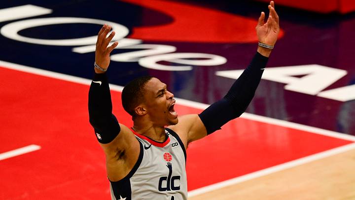 May 20, 2021; Washington, District of Columbia, USA; Washington Wizards guard Russell Westbrook (4) reacts after making a basket during the third quarter against the Indiana Pacers at Capital One Arena. Mandatory Credit: Tommy Gilligan-USA TODAY Sports May 20, 2021; Washington, District of Columbia, USA; Washington Wizards guard Russell Westbrook (4) reacts after making a basket during the third quarter against the Indiana Pacers at Capital One Arena. Mandatory Credit: Tommy Gilligan-USA TODAY Sports