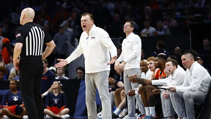 Mar 28, 2024; Boston, MA, USA; Illinois Fighting Illini head coach Brad Underwood reacts against the Iowa State Cyclones in the semifinals of the East Regional of the 2024 NCAA Tournament at TD Garden. Mandatory Credit: Winslow Townson-Imagn Images