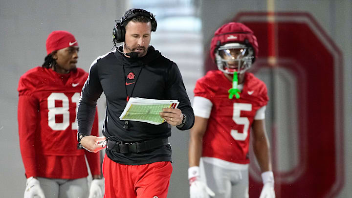 Ohio State Buckeyes offensive coordinator Brian Hartline calls plays during spring football practice at the Woody Hayes Athletic Center on March 17, 2025.