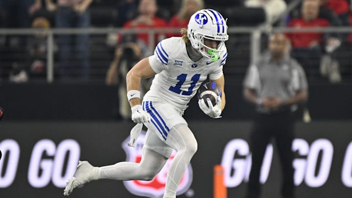 Dec 6, 2025; Arlington, TX, USA; BYU Cougars wide receiver Parker Kingston (11) runs with the ball during the first half against the Texas Tech Red Raiders at AT&T Stadium. Mandatory Credit: Jerome Miron-Imagn Images Dec 6, 2025; Arlington, TX, USA; BYU Cougars wide receiver Parker Kingston (11) runs with the ball during the first half against the Texas Tech Red Raiders at AT&T Stadium. Mandatory Credit: Jerome Miron-Imagn Images