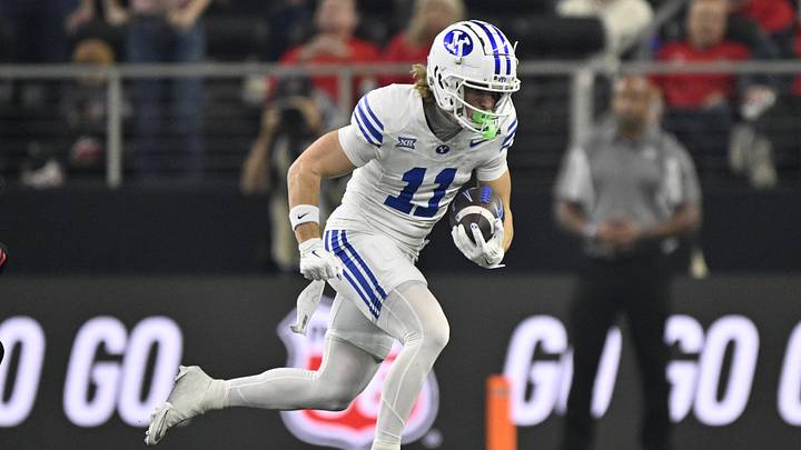 Dec 6, 2025; Arlington, TX, USA; BYU Cougars wide receiver Parker Kingston (11) runs with the ball during the first half against the Texas Tech Red Raiders at AT&T Stadium. Mandatory Credit: Jerome Miron-Imagn Images